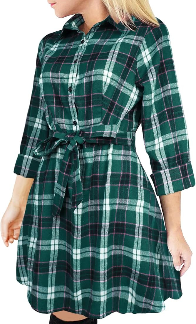 FANCYINN Women Long Sleeve Plaid Pattern Tunic Tops Shirt Casual Dress | Amazon (US)