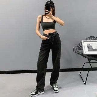 Asymmetric High-Waist Straight-Cut Jeans | YesStyle Global