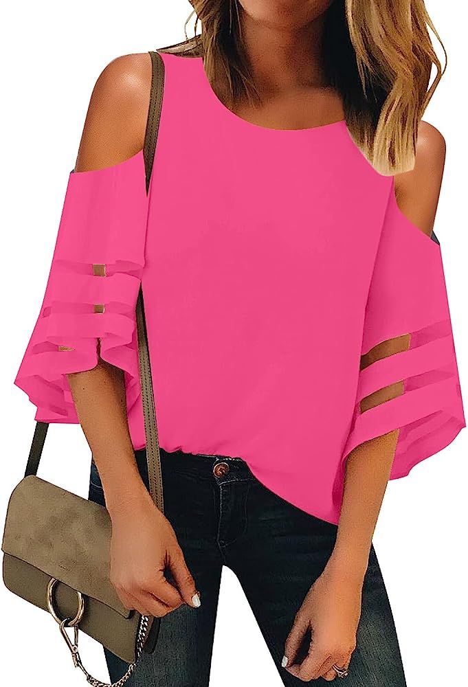 LookbookStore Women's Cold Shoulder Loose Shirt Tops 3/4 Bell Mesh Sleeve Blouse | Amazon (US)