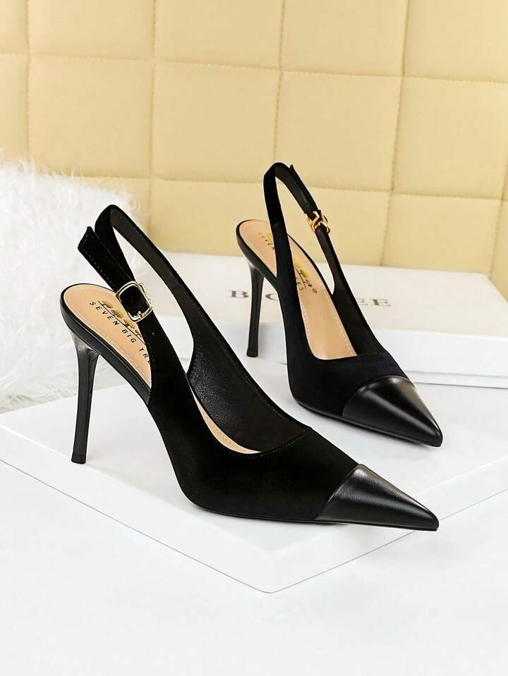 Party High Heels, Pointed Toe Women's Shoe, Suede Upper, Stiletto Heel, Low Vamp Design, Metal Bu... | SHEIN