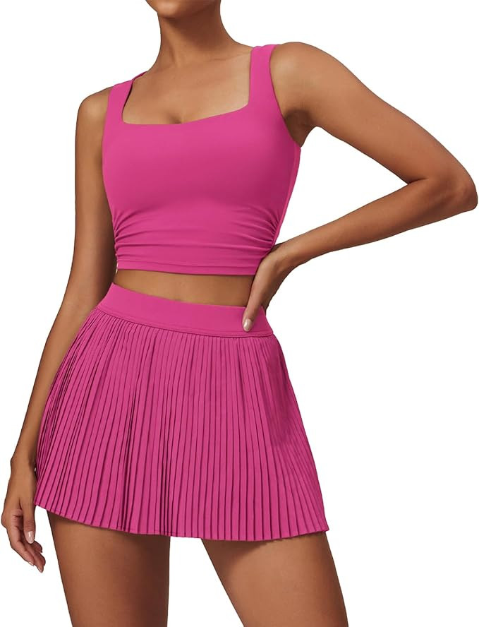 Women 2 Piece Tennis Dress Square Neck Tank Top with High Waisted Pleated Workout Skorts Skirt Se... | Amazon (US)