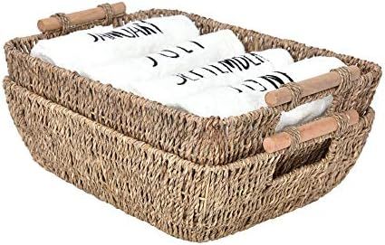 StorageWorks Hand-Woven Large Storage Baskets with Wooden Handles, Seagrass Wicker Baskets for Or... | Amazon (US)