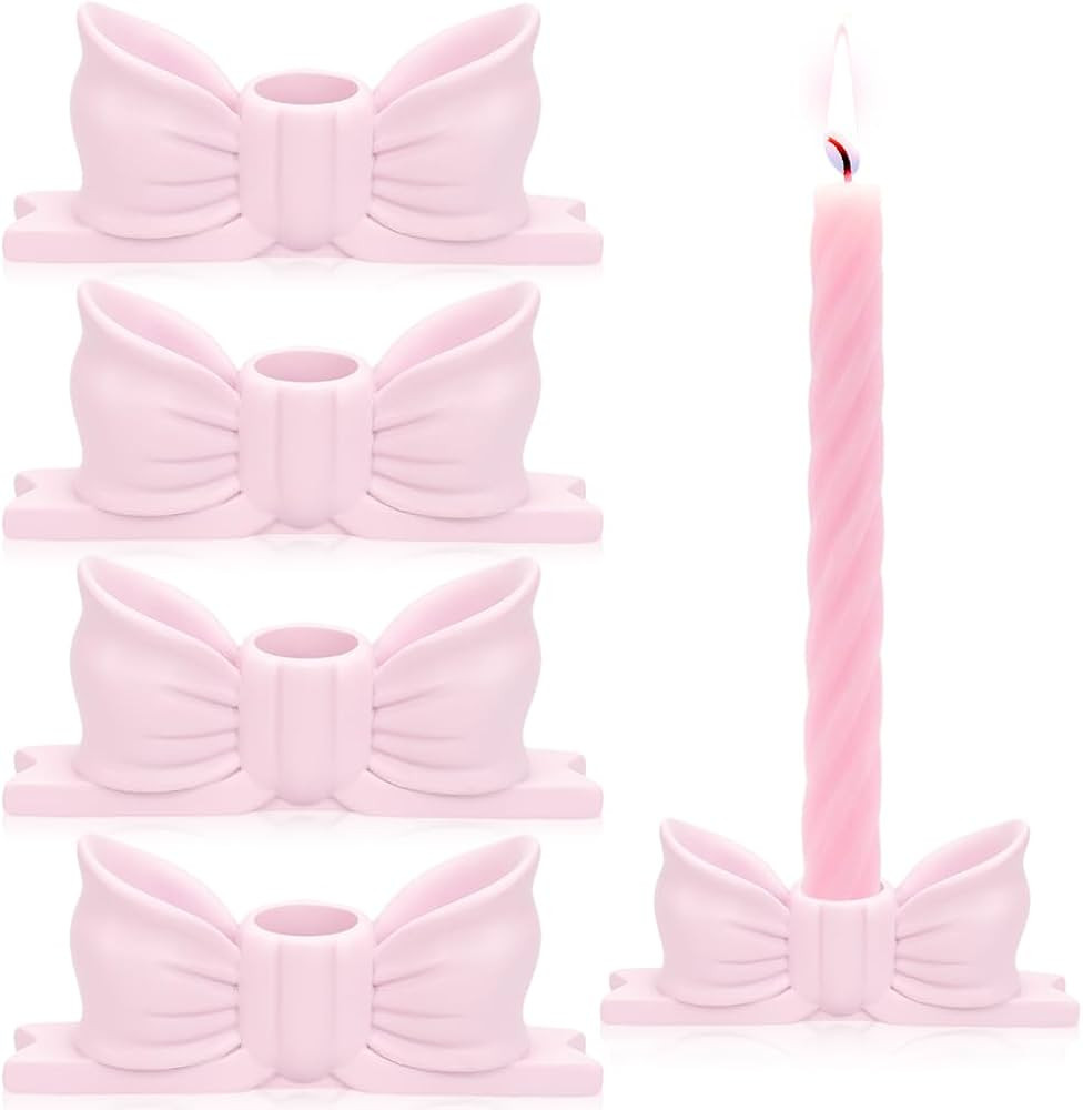 Pink Bow Candle Holder Set of 4, Gypsum Bow Taper Candlestick Holder, Bow Candle Stand Centerpiec... | Amazon (US)