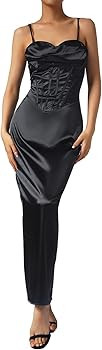 Women's Bodycon Midi Corset Dress Spaghetti Strap Satin Sleeveless V-Neck Formal Maxi Long Evenin... | Amazon (US)