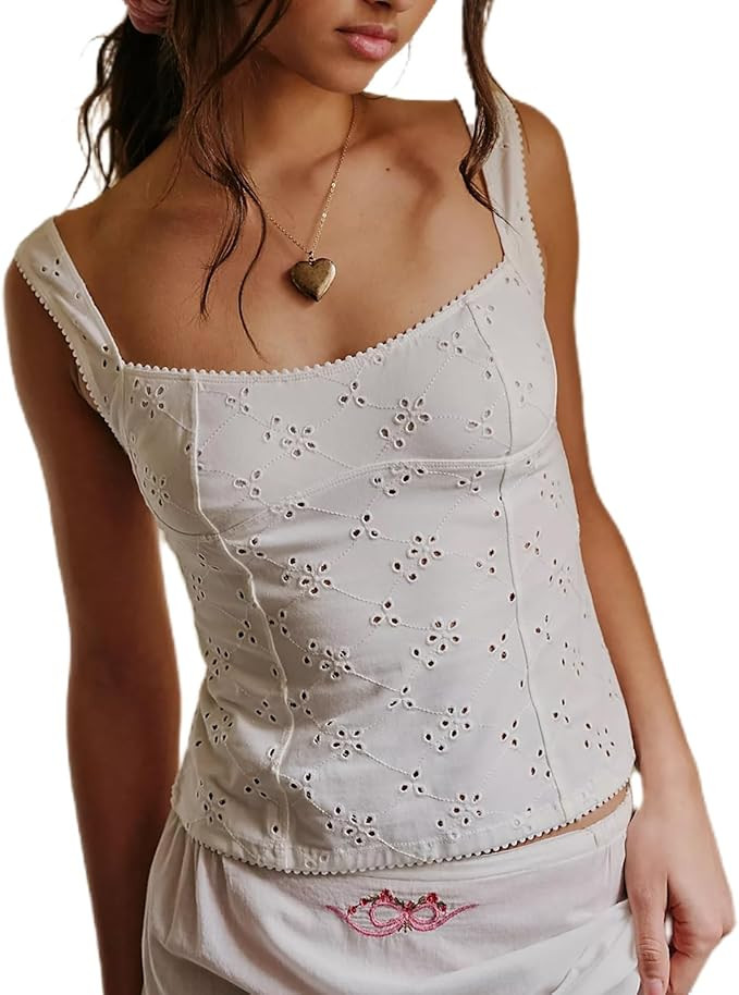 Women Summer Eyelet Cami Tops Y2k Sleeveless Scoop Neck Tank Top Wide Strap Slim Fit Going Out Cr... | Amazon (US)