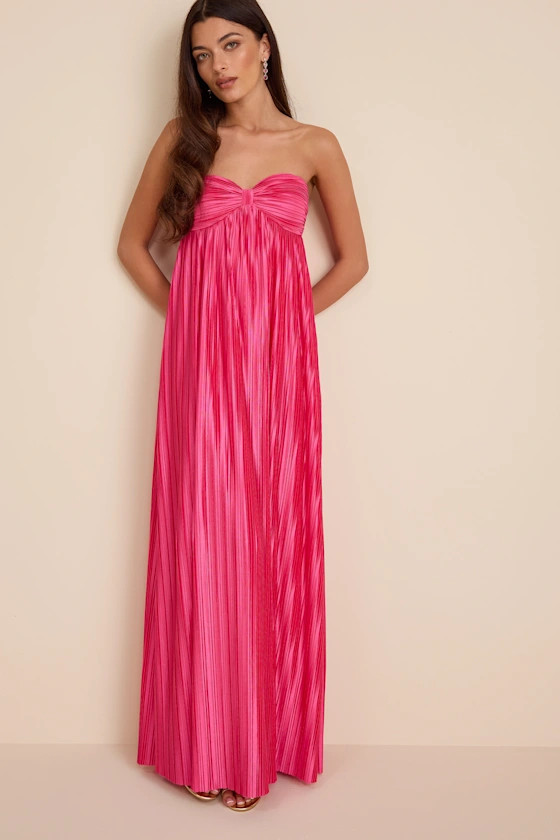 Whimsical Beauty Hot Pink Satin Plisse Strapless Maxi Dress | Lulus