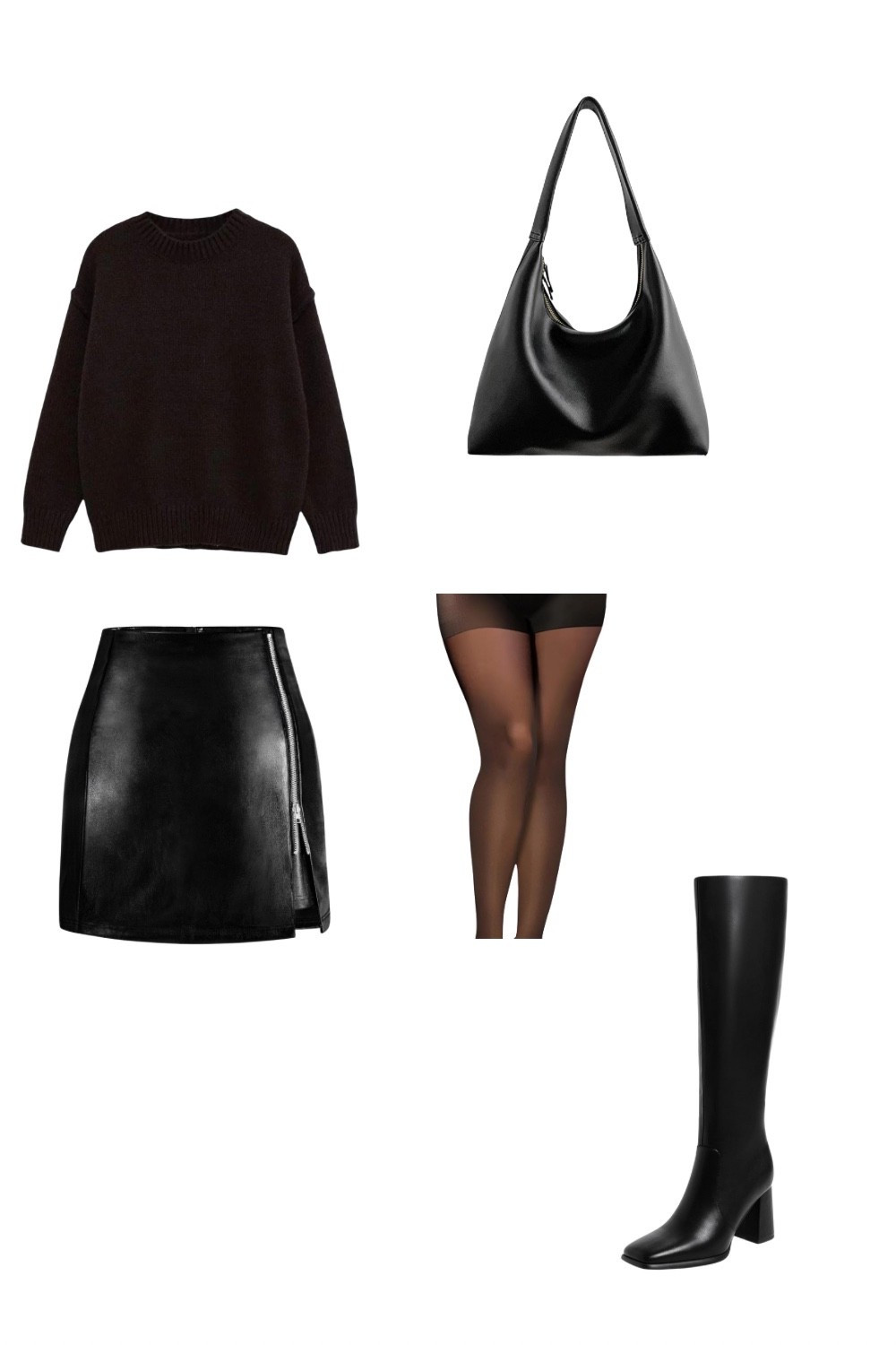 Family Photo Outfits

A sleek monochrome ensemble that blends comfort with edge. The oversized black knit softens the structured leather mini skirt, while sheer tights and knee-high boots elongate the silhouette. Paired with a sculptural black shoulder bag, this look exudes understated sophistication — perfect for a dinner date, night out, or city stroll after dark.

#LTKHoliday #LTKSeasonal #LTKStyleTip