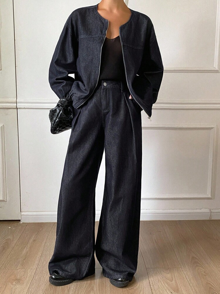 DAZY Women's Round Neck Elastic Waist Jacket Top And Loose Wide Leg Pants 2 Pieces Set, Casual | SHEIN