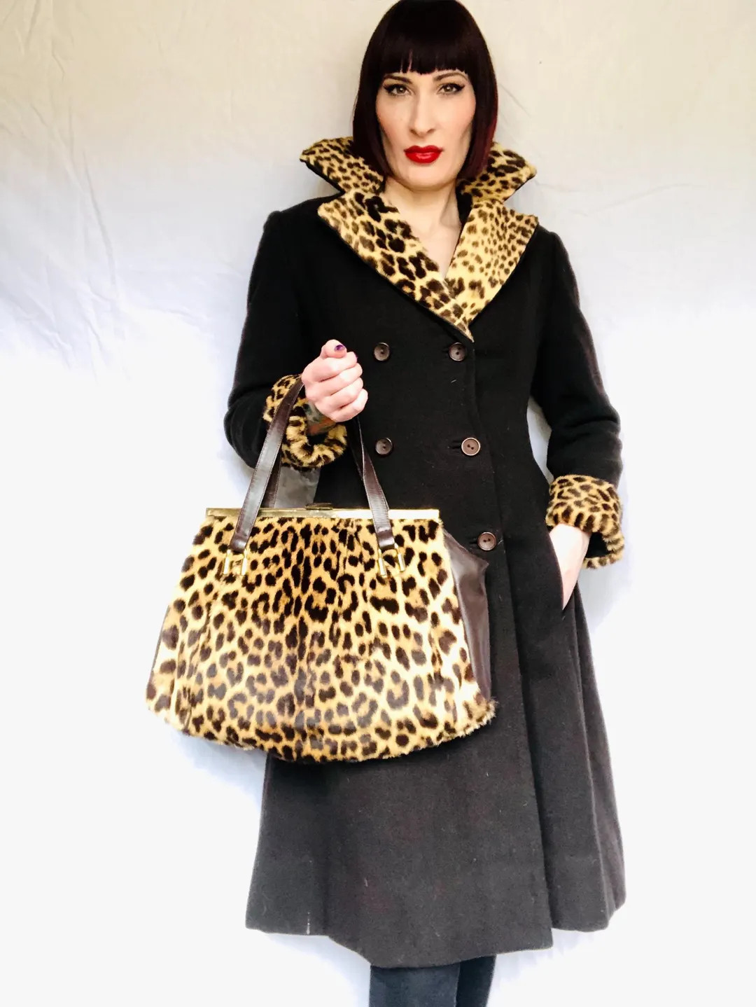 Vintage 1950's Leopard Print Fur Trimmed Black Wool Tailored Princess Coat Peacoat size Small to ... | Etsy (US)