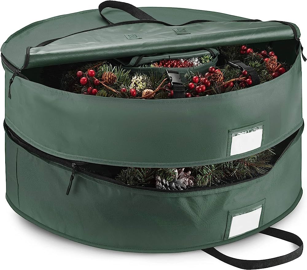 ZOBER Christmas Wreath Storage Container - 30 Inch Wreath Box, Garland Storage - 2 Zippers, Durable Handles - Holiday and Seasonal Wreath Storage Boxes - 2 Pack (Green) | Amazon (US)