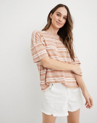 Aerie Breezy Linen Striped Distressed T-Shirt | American Eagle Outfitters (US & CA)