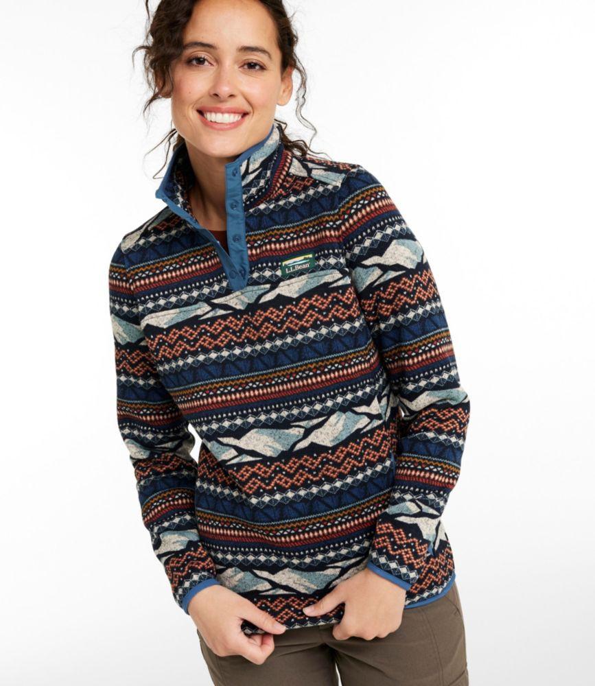 Women's L.L.Bean Sweater Fleece Pullover, Print Carbon Navy Mountain FairIsle Medium | L.L. Bean