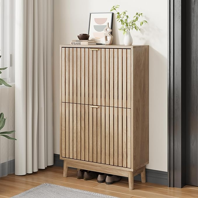 2 Flip Drawer Shoe Storage Cabinet, Wooden Shoe Organizer with Ventilated Slatted Doors for Entry... | Amazon (US)