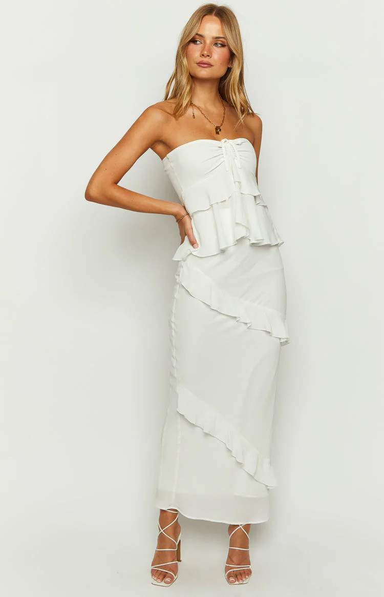 Raleigh White Ruffle Maxi Skirt | Beginning Boutique (US)
