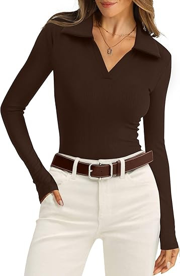 WIHOLL Womens Polo Shirts Long Sleeve Business Casual Tops Collared V Neck Ribbed Knit Sweater Sl... | Amazon (US)