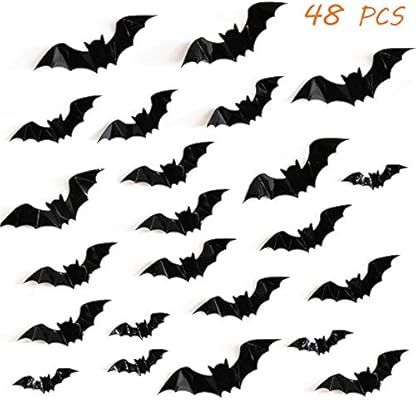 48 Pcs Halloween 3D Scary Black Bat Stickers PVC Bat Wall Decals for Home Window Decor Halloween ... | Amazon (US)