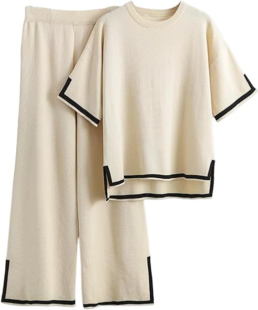 Gihuo Women Sweater Sets 2 Piece Outfits Knit Lounge Sets Short Sleeve Tops Wide Leg Pants Matchi... | Amazon (US)