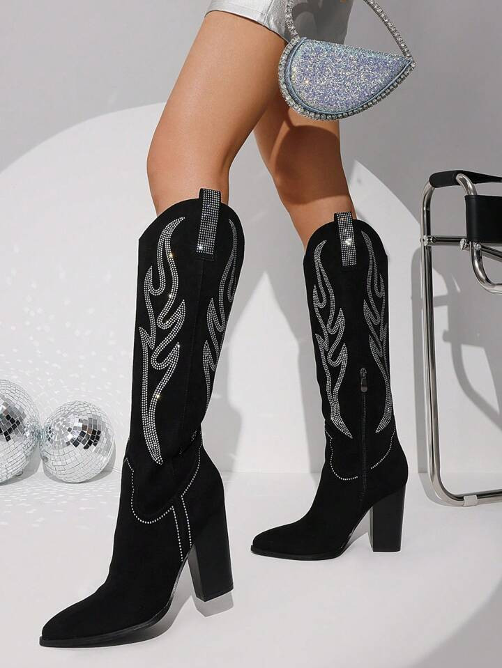 Suede Knee High Boots For Women Rhinestones Embroidered Cowboy Boots Pointed Toe Chunky Heel Cowg... | SHEIN