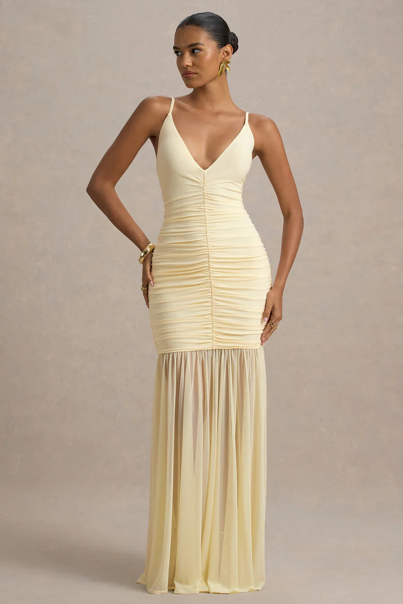Pasqualina | Pale Lemon Ruched Plunge-Neck Maxi Dress | Club L London