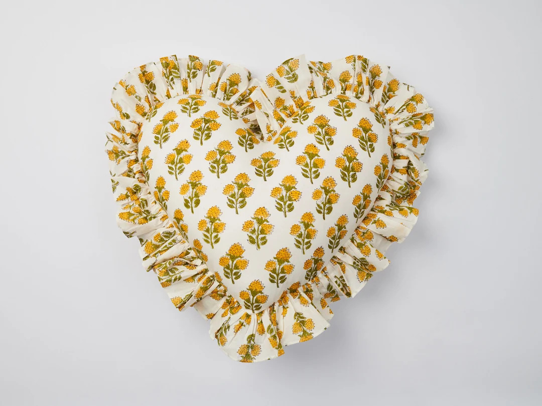 Yellow Floral Blockprint Ruffle Heart Cushion - Etsy | Etsy (US)