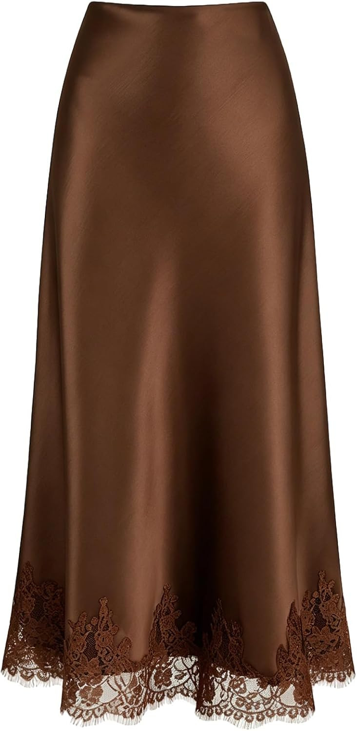 VividMosaic Lace Trim Satin Midi Skirt High Waisted Long Skirt for Women | Amazon (US)