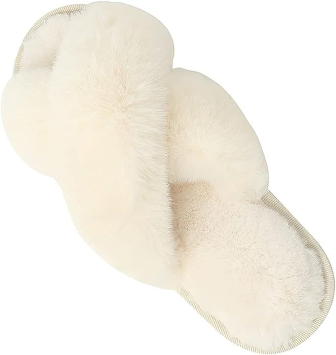 Women Cross Band Slippers, Soft Open Toe House Slippers Indoor Outdoor Plush Furry Cozy Fleece Ho... | Amazon (US)