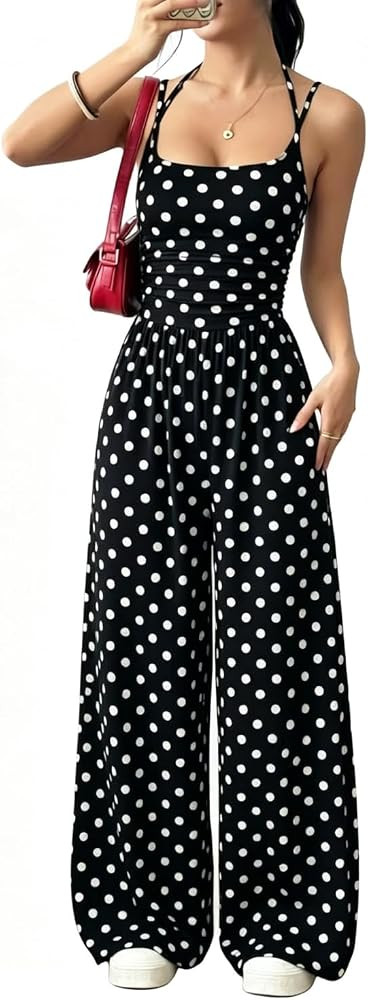 Yeshire Womens Polka Dot Spaghetti Strap Jumpsuit High Waist Wide Leg Palazzo Pants Jumpsuits Cas... | Amazon (US)