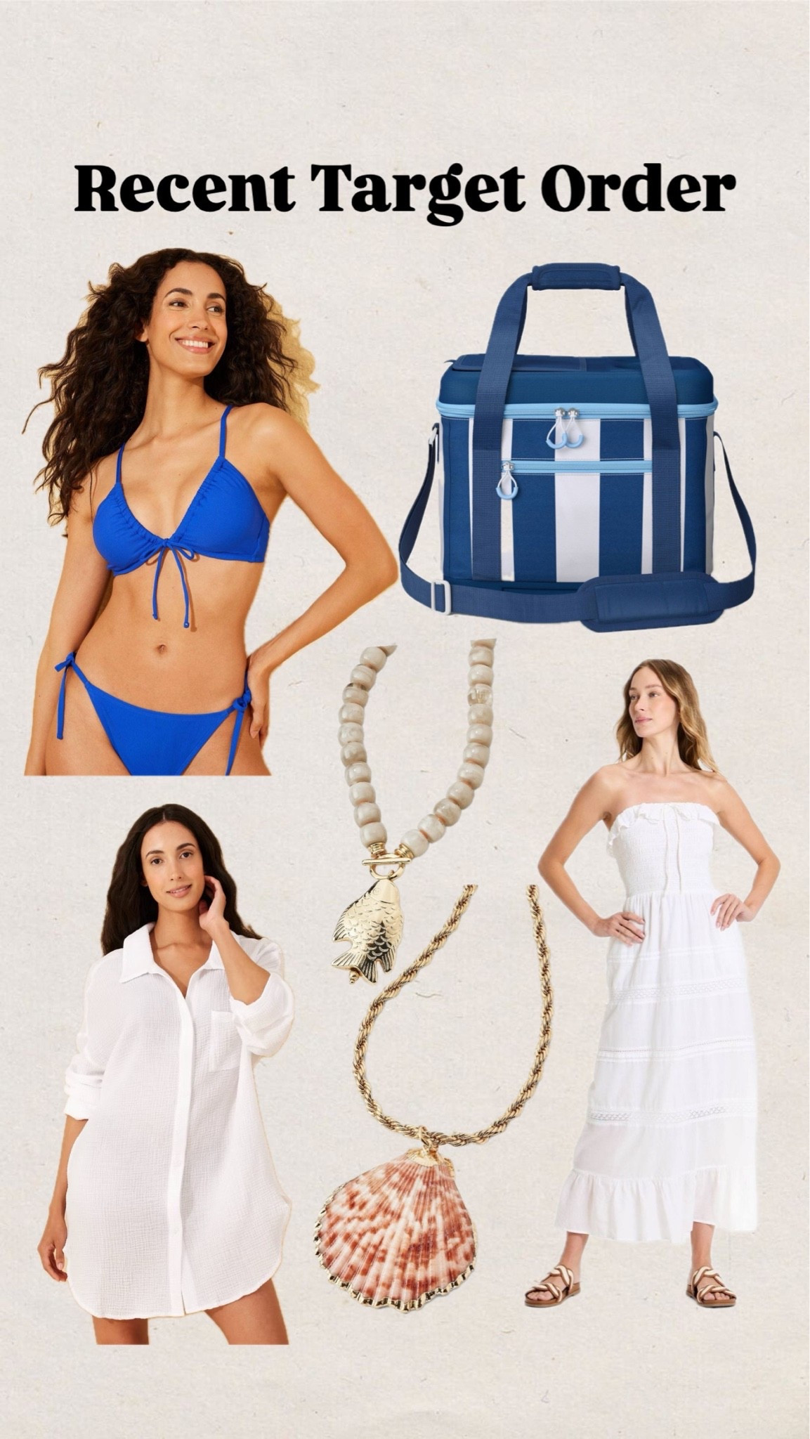 Recent Target purchases
Cooler bag
Bikini
Gauze cover up
Strapless white dress
Seashell necklace
Fish necklace
Trendy
Trending for summer
Summer Dress

#LTKootd #LTKSeasonal #LTKmomlife