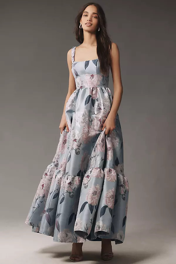 Mac Duggal Square-Neck Floral Printed Satin Maxi Dress | Anthropologie (US)