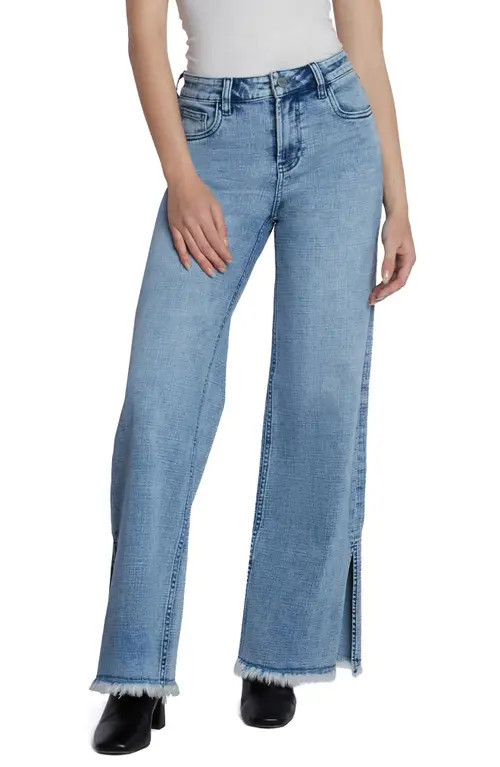 HINT OF BLU Frayed Split Hem Mid Rise Wide Leg Jeans in Split Blue at Nordstrom, Size 27 | Nordstrom