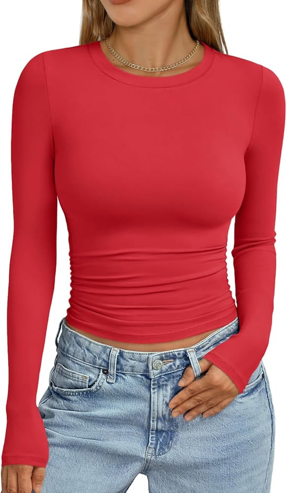 Trendy Queen Womens Long Sleeve Shirts Crop Tops Fall Fashion 2025 Going Out Basic Winter Clothes | Amazon (US)