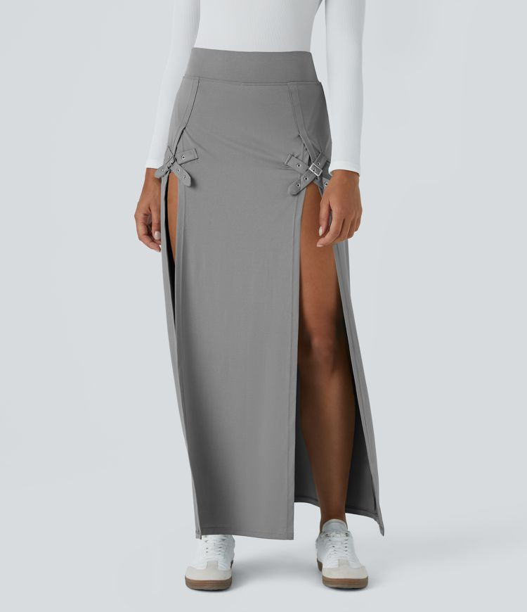 Women’s High Waisted Decorative Buckle Split 2-in-1 Maxi Casual Skirt - Halara | HALARA