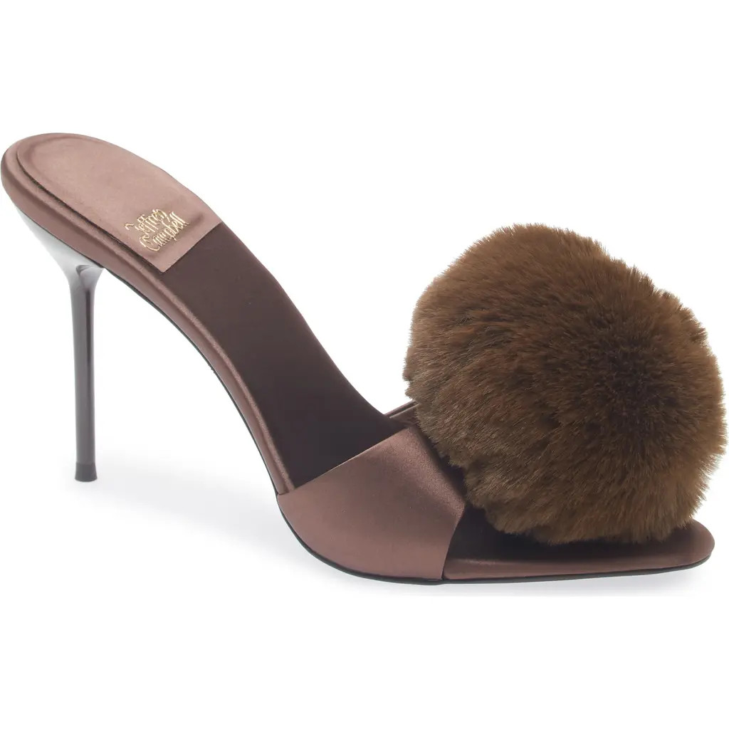 Jeffrey Campbell Shopaholic Faux Fur Pom Slide Sandal in Brown Satin Combo at Nordstrom Rack, Size 5 | Nordstrom Rack