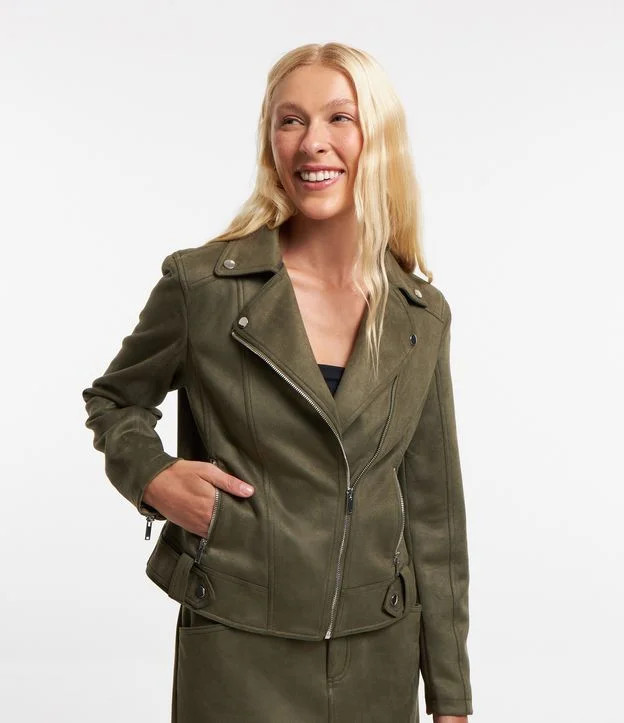Jaqueta Biker em Suede com Bolsos com Zíperes Verde | Renner (BR)