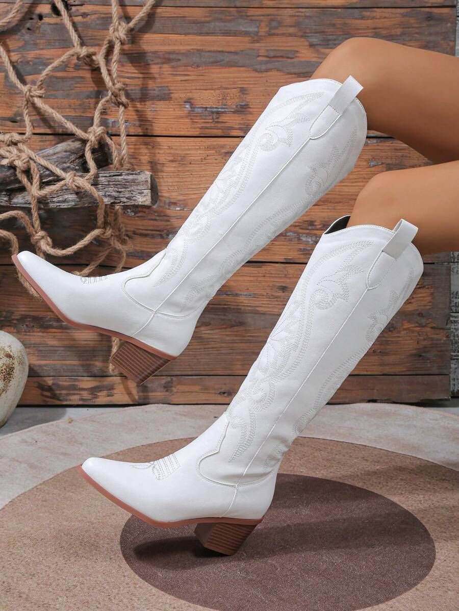 2024 New Spring/Autumn Women's Plus Size Outdoor Fashionable Embroidered Western Style Boots, Kne... | SHEIN