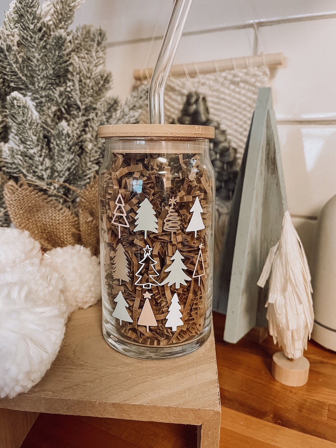 Vintage Christmas Tree Iced Coffee Glass with Bamboo Lid & Glass Straw 16 oz | Beer Can Glass, Ca... | Etsy (US)