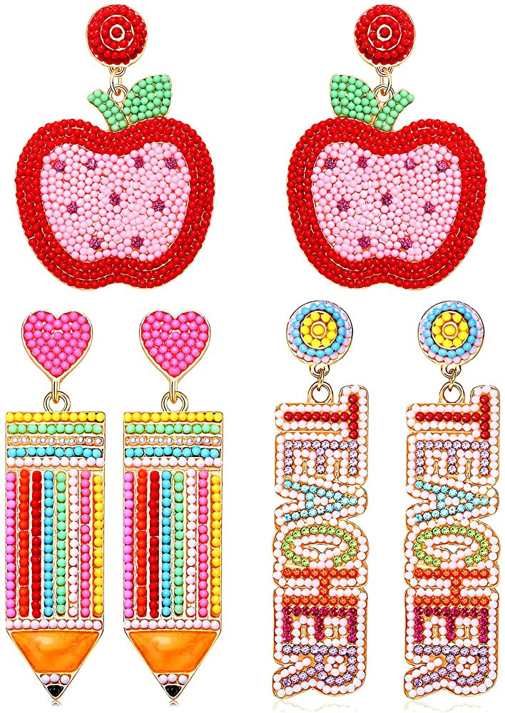 2/3 Pairs Pencil Earrings Teacher Earrings for Women Rhinestone Beaded Dangle Drop Earrings Color... | Amazon (US)