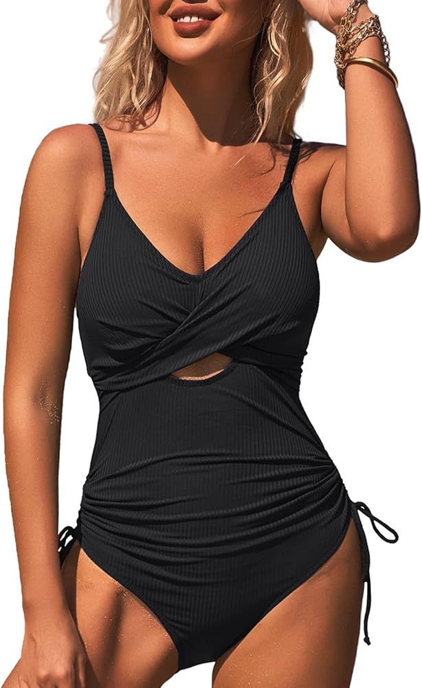 SOCIALA Ribbed One Piece Swimsuit Women Tie Side High Cut Bathing Suit Sexy Twist Front Push Up M... | Amazon (US)