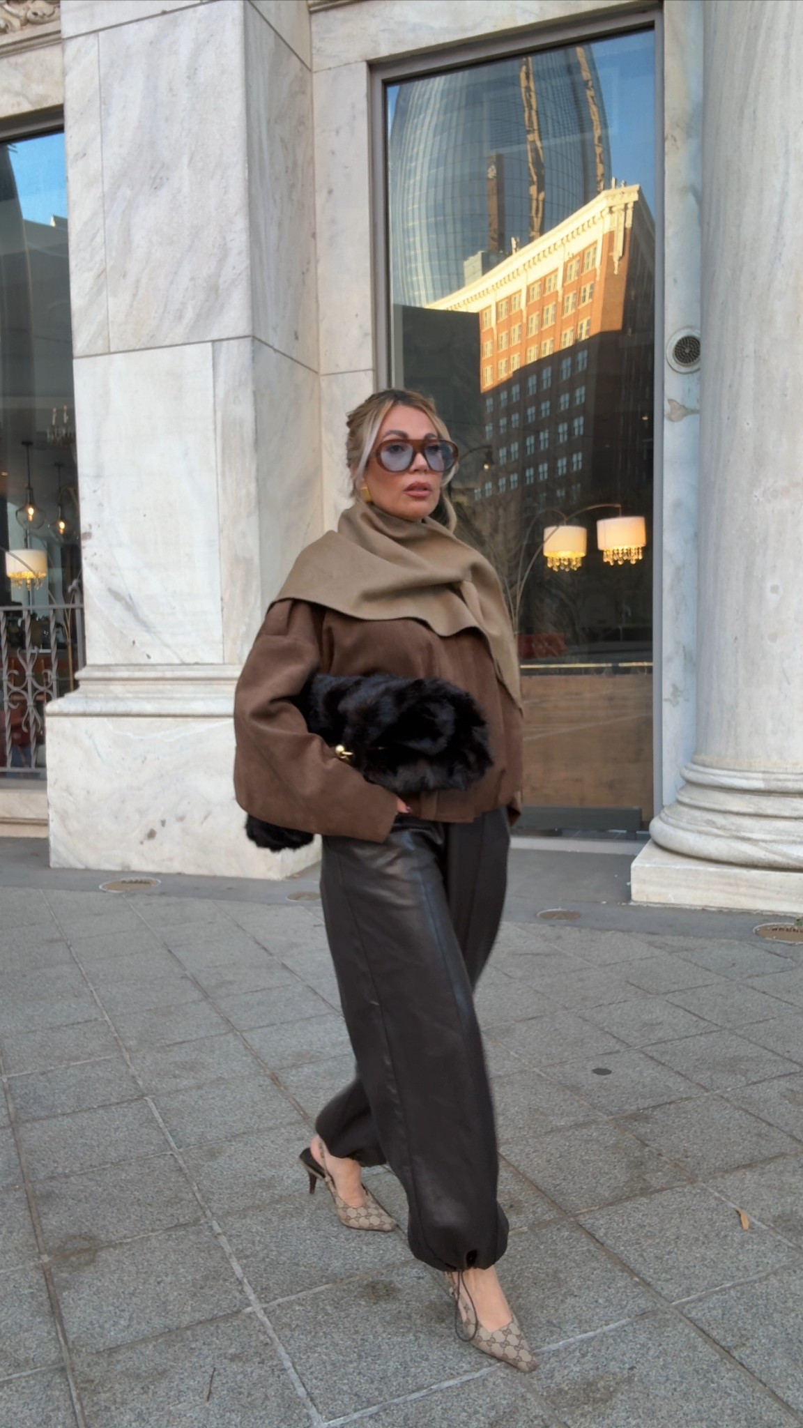Bandana scarf, Zara outfits, suede jacket, ballon pants, brown leather pants, fur bag 
