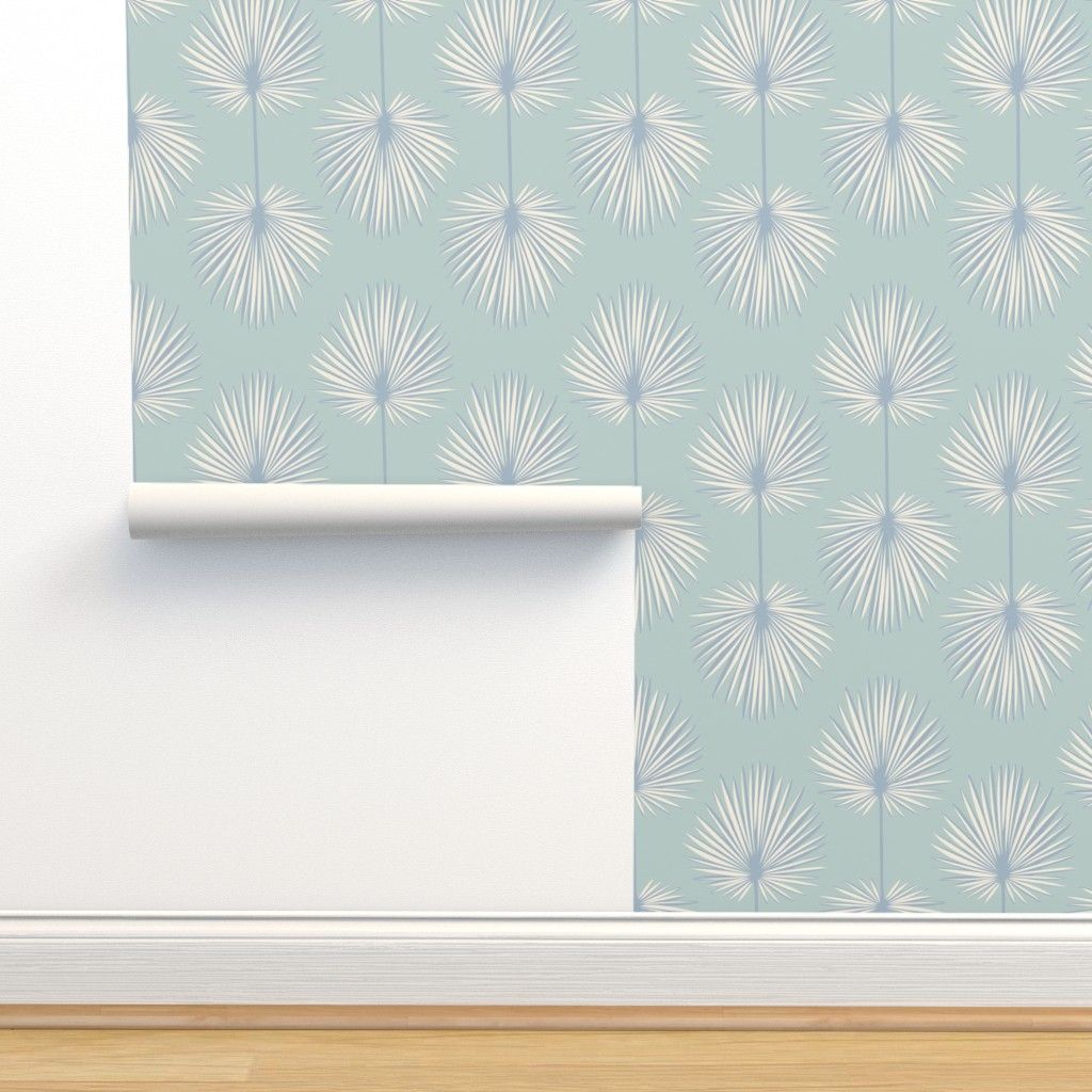 59Coastal chic palm leaves Seafom and Soft Blue Wallpaper bydeborahrichmond | Spoonflower