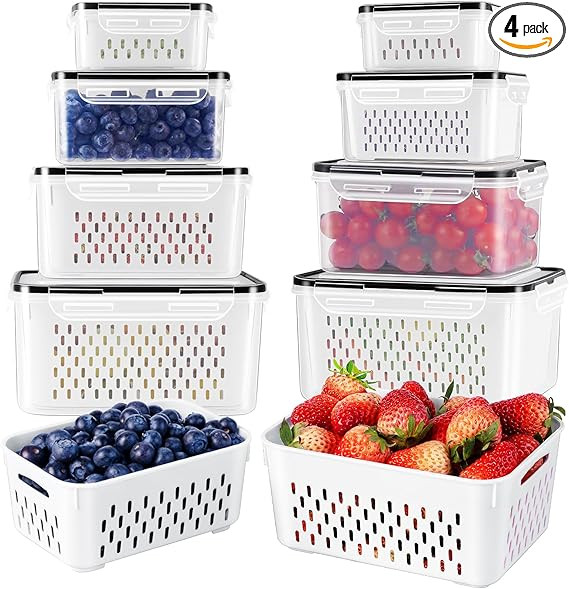 4 PCS Fruit Storage Containers for Fridge with Removable Colander, Airtight Food Storage Containe... | Amazon (US)