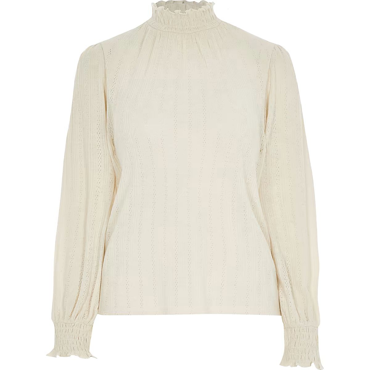 Petite light cream frill front pointelle top | River Island (UK & IE)