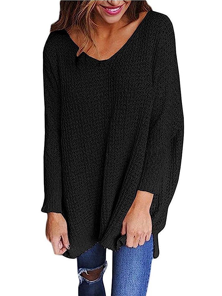 Mafulus Womens Oversized Sweaters Casual V Neck Long Sleeve Loose Knit Pullover Tops | Amazon (US)