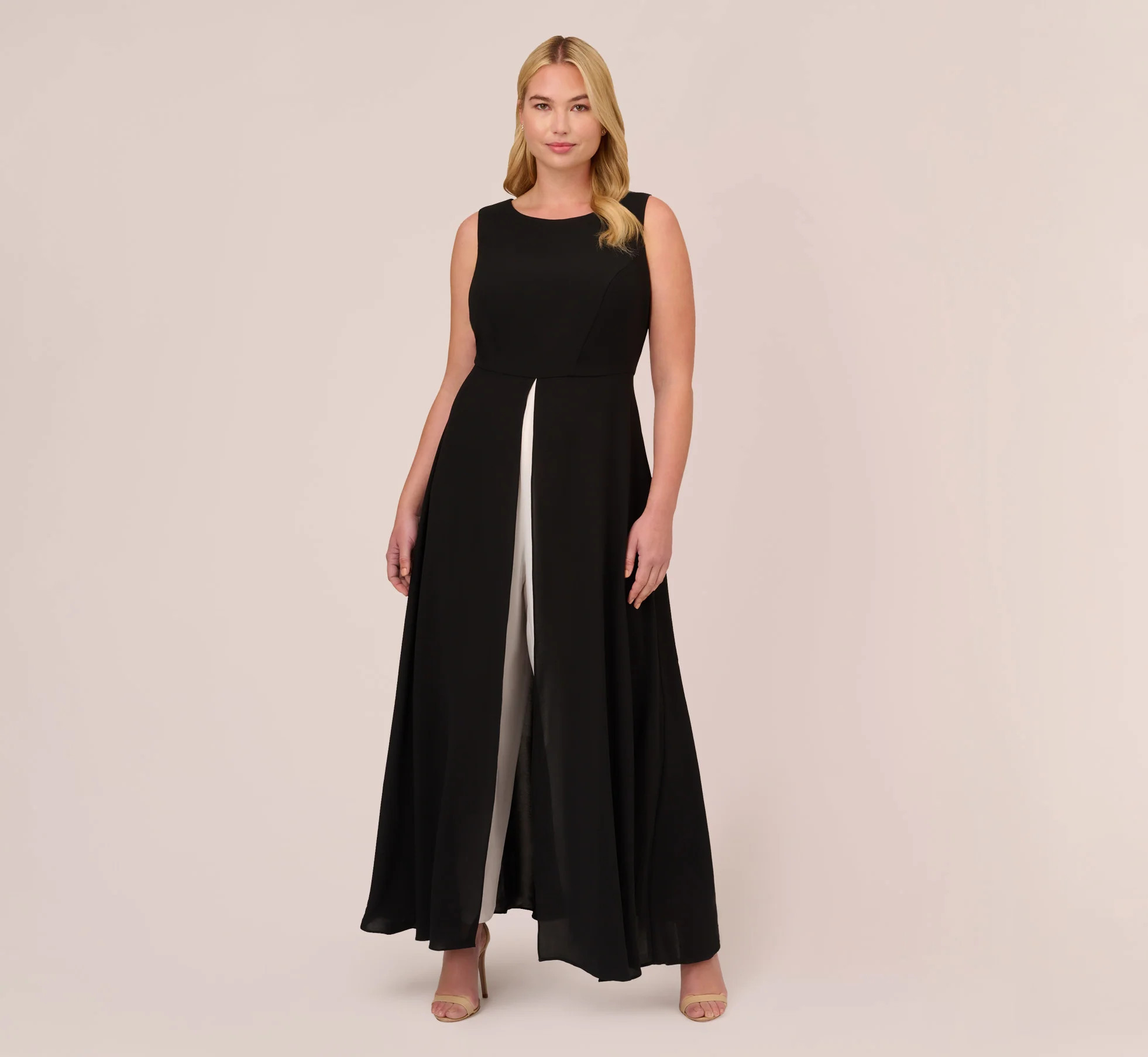 Plus Size Colorblock Jumpsuit With Skirt Overlay In Black Ivory | Adrianna Papell