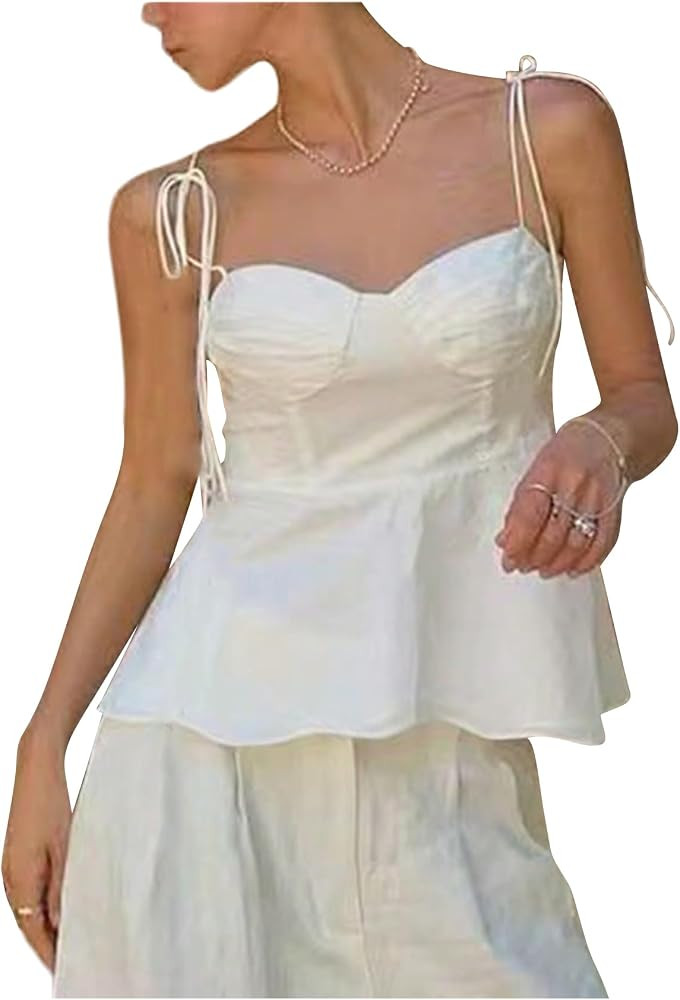OYOANGLE Women's Tie Shoulder Babydoll Cami Top Y2K Ruffle Spaghetti Strap Tank Tops | Amazon (US)