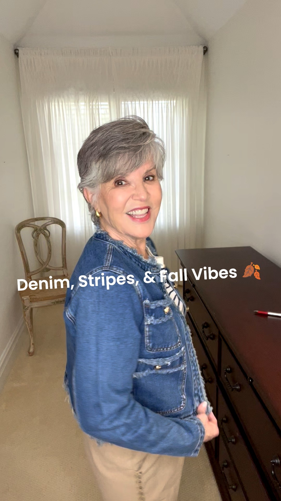 Denim, Stripes, & Fall Vibes 🍂
Layered up and loving it! 🍁A denim lady jacket with gold buttons + a navy striped tee = the perfect early fall combo. Paired with tan linen pants, classic tan Mary Jane’s, and gold jewelry for that effortless, polished vibe. Would YOU wear this look? 👖👟
🔗 COMMENT “LINKS” and I’ll DM them right over.
✨#FallStyle #OTD #StyleOver50

#LTKOver40 #LTKSeasonal #LTKFindsUnder50