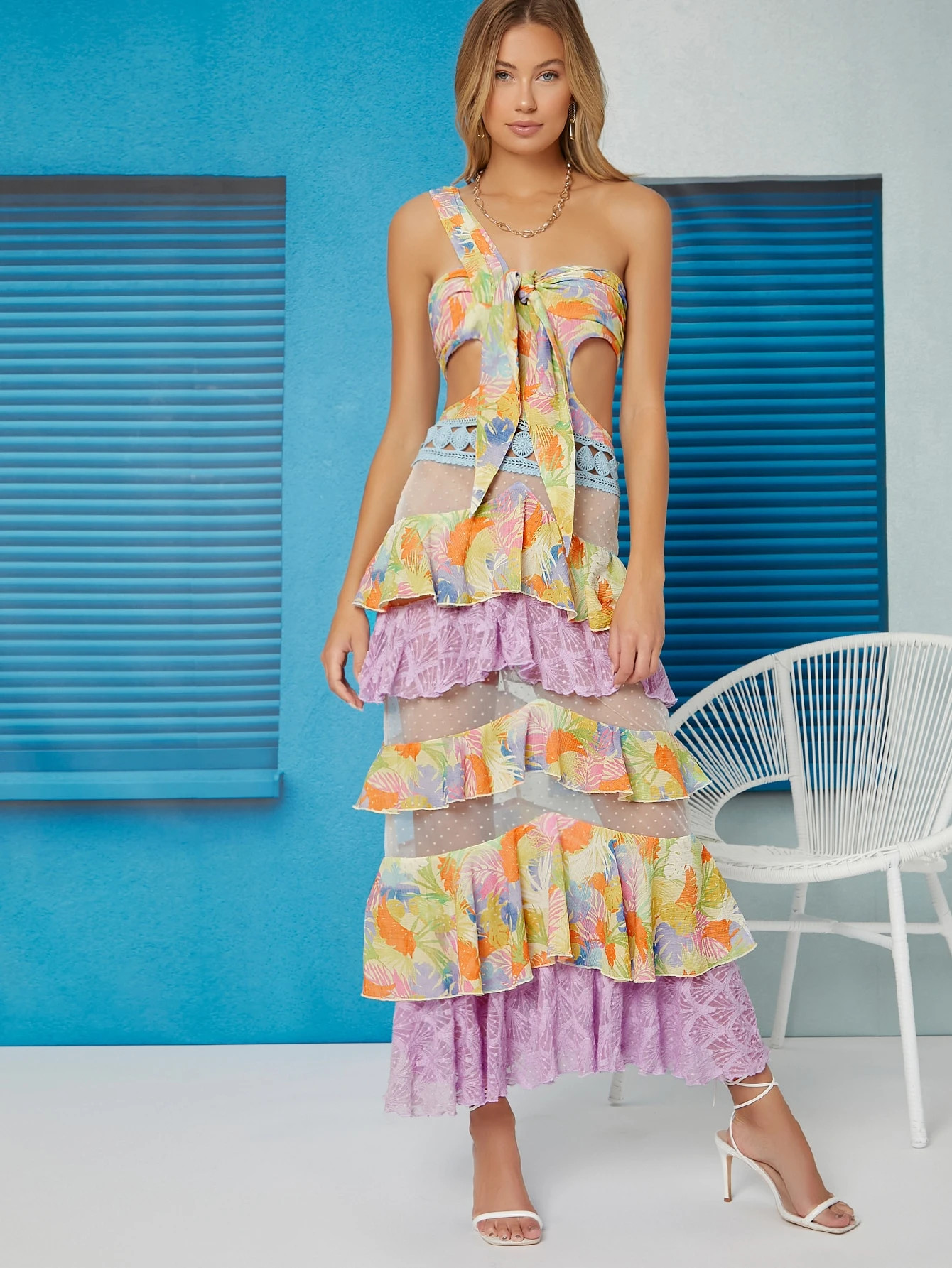 SHEIN X Ji Yeon Lee Knot Front Mesh Insert Layered Hem Dress | SHEIN