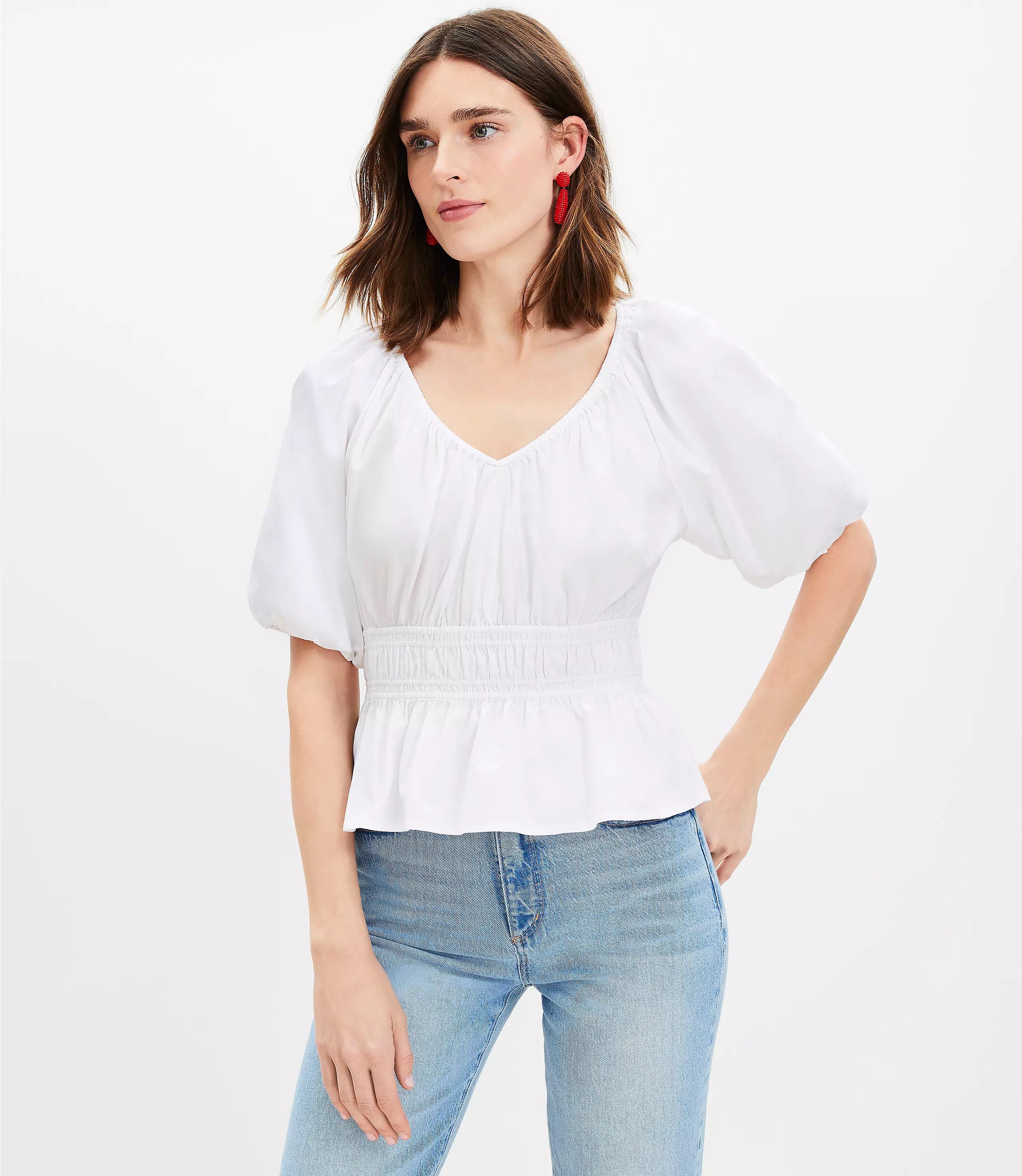 Gathered Waist V-Neck Blouse | LOFT