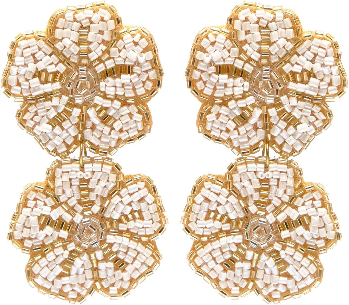 Crunchy Fashion Handmade Beaded Flower/Floral Bohemian Statement White Seed Bead Dangle Summer Earrings- Mother's/christmas Day Gift for Women | Amazon (US)