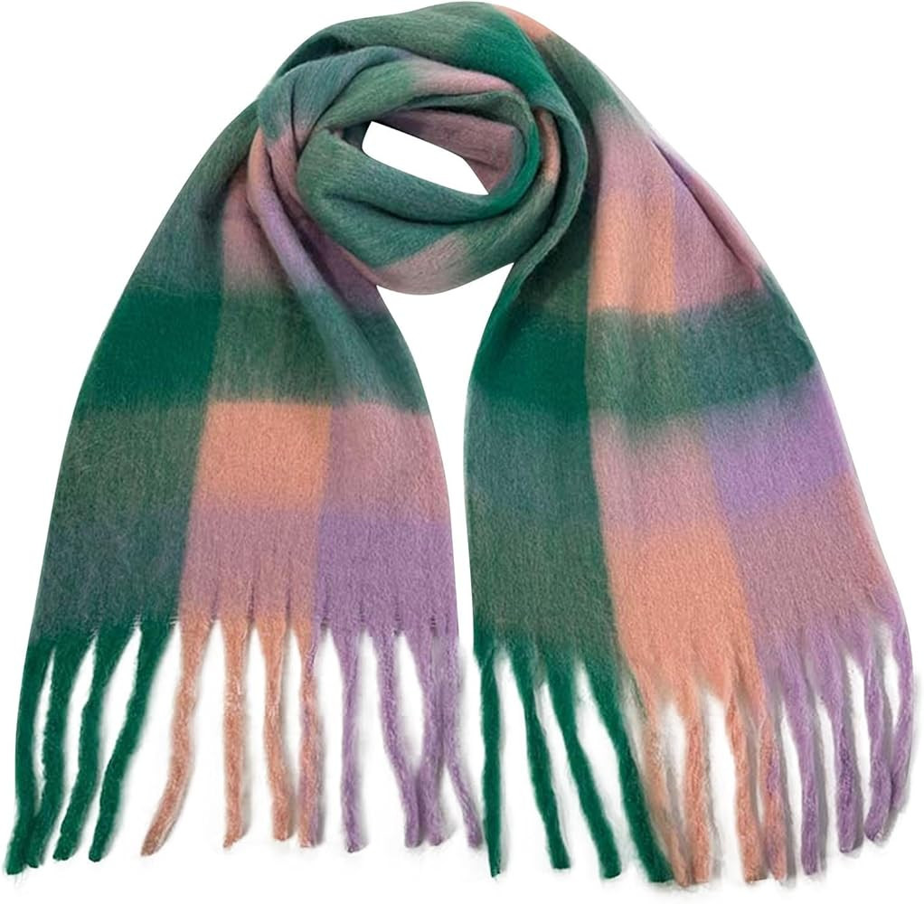 Women's Wool Large Scarf Colorful Chunky Plaid Trendy Scarves Soft Winter Thick Tassel Warm Comfy... | Amazon (US)